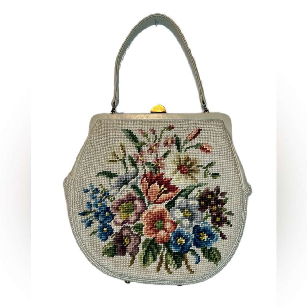 Vintage 1960s Floral Cross-stitched Cream Handbag